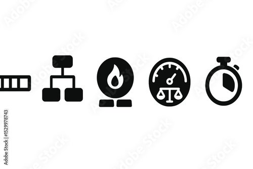 Balanced Focus Tools Icons. Solid style icons of balanced focus tools: progress bar with even segments, calm workflow flowchart,