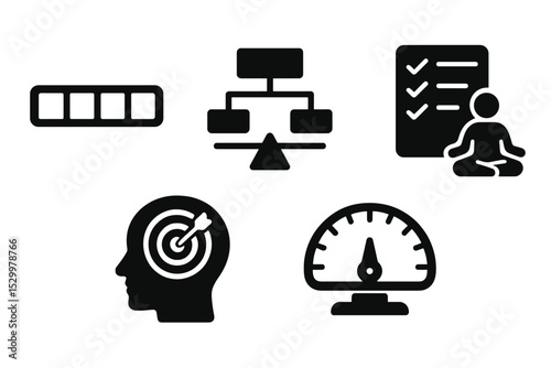 Mindful Digital Balance. Solid style icons of mindful digital balance: progress bar with equal parts, balanced workflow flowchart,