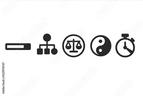 Balanced Digital Icons. Solid style icons of balanced digital mindfulness: steady progress bar, calm workflow map, balanced task
