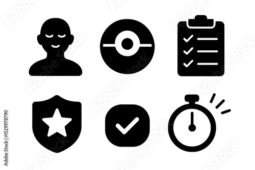 Digital Balance Icons. Solid style icons of serene digital balance: calm user silhouette, balanced focus ring, peaceful task