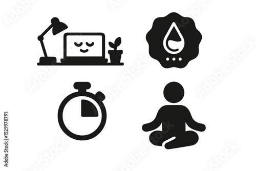 Mindful Workspace Icons. Solid style icons of mindful digital serenity: peaceful workspace icon, flow meter badge, soft timer