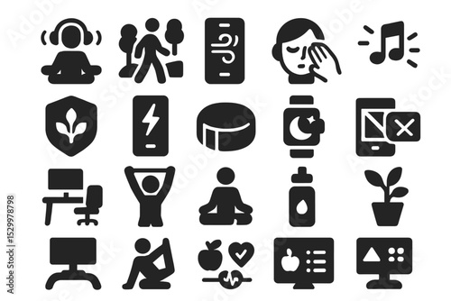Icons of Remote Wellness. Solid style icons of remote wellness practices: guided meditation, mindful walk, breathing app, eye