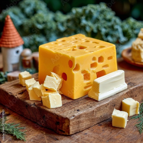 Delicious Cheese Assortment on a Wooden Board in a Sunny Garden Setting.