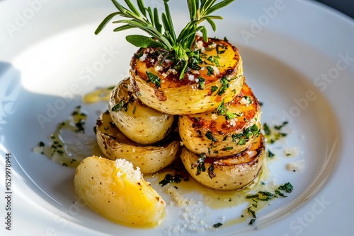 Deliciously Arranged Roasted Vegetables With Herbs and Lemon on a Wooden Table.