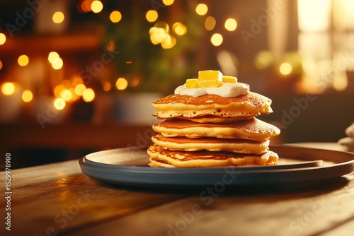 Delicious Stack of Pancakes With Butter and Whipped Cream on a Rustic Table i...