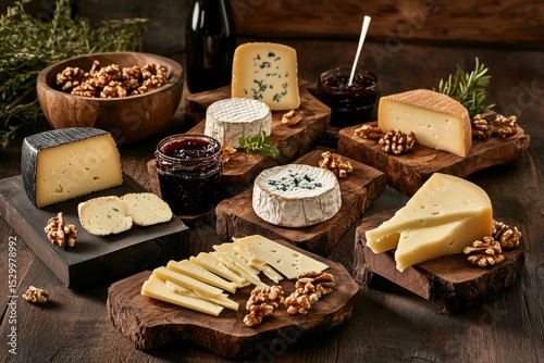 Cheese Platter With Various Types of Cheese, Nuts, and Spreads Arranged on Ru...