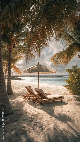 Relaxing Under Palm Trees at a Tranquil Beach in the Early Morning Light.