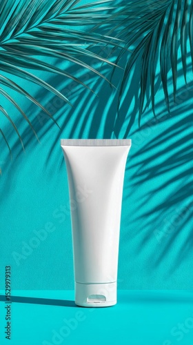 Sleek White Tube on Vibrant Turquoise Backdrop With Palm Leaves Casting Shadows.
