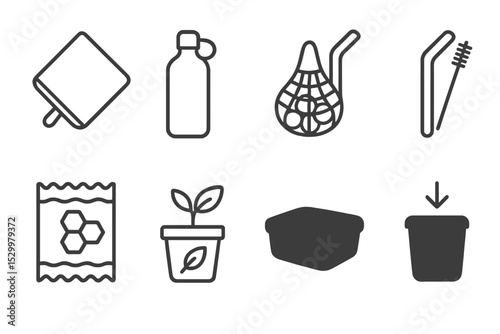 Zero Waste Icons. Line style icons of zero waste lifestyle: cloth napkin, refill bottle, bulk shopping, metal straw, beeswax wrap,