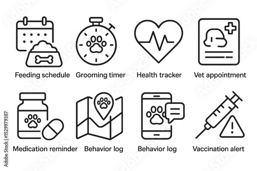 Pet Care Icons. Line style icons of pet care apps: feeding schedule, grooming timer, health tracker, vet appointment, medication