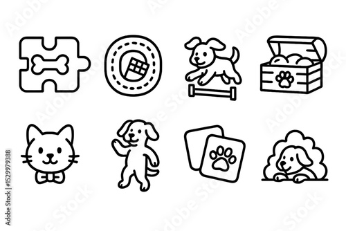 Virtual Pet Game Icons. Line style icons of virtual pet games: puzzle treat, race track, obstacle jump, treasure hunt, pet