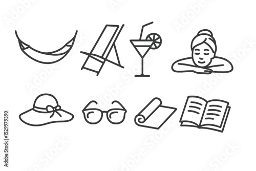 Travel Relaxation Icons. Line style icons of travel relaxation: hammock, beach chair, cocktail glass, spa treatment, sun hat,