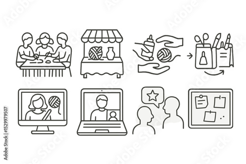 Collaborative Crafting Icons. Line style icons of collaborative crafting: group workshop, craft fair, sharing materials, craft