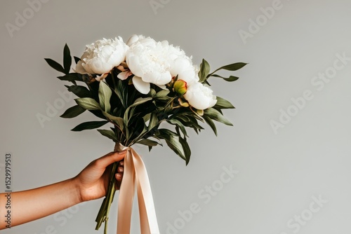 Beautiful Peony Bouquet Held by Hand With Elegant Ribbon in Simple Background
