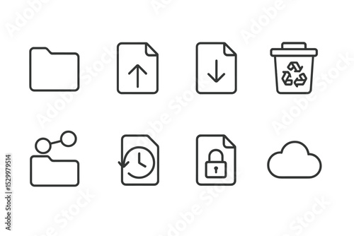 File Management Icons. Line style icons of file management: folder, file upload, download icon, recycle bin, shared folder,
