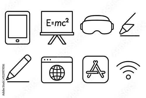 Educational Tech Icons. Line style icons of educational technology: tablet device, smart board, VR headset, interactive projector,