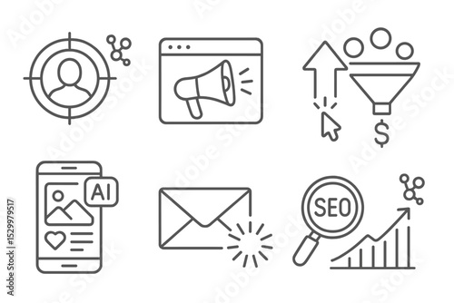 AI Marketing Icons. Line style icons of AI-powered marketing: target audience, ad campaign, click rate, conversion funnel, social