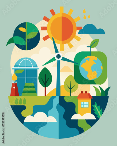 A graphic depiction of wind and solar power inter with images of nature showcasing the symbiotic relationship between renewable energy and the environment.. Vector illustration