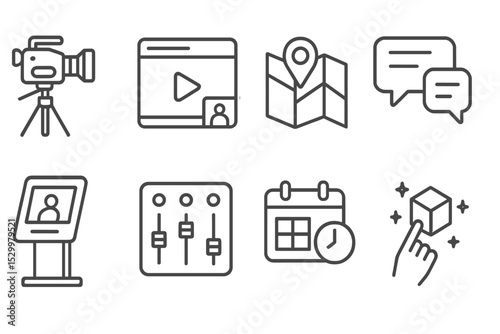 Hybrid Event Tech Icons. Line style icons of hybrid event tech: camera setup, streaming overlay, venue map, live chat,