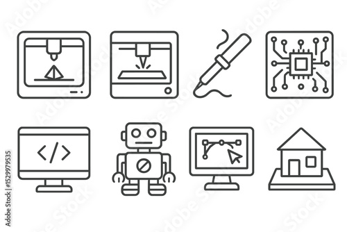 Digital DIY Icons. Line style icons of digital DIY projects: 3D printer, laser cutter, soldering iron, circuit board, coding