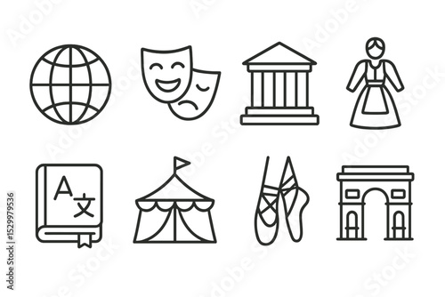 Cultural App Icons. Line style icons for cultural apps: globe, theater mask, museum, traditional costume, language book, festival