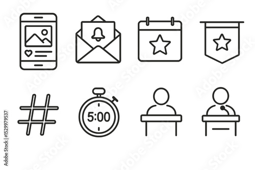 Event Promotion Icons. Line style icons of event promotion: social media post, email invite, calendar reminder, banner ad, hashtag