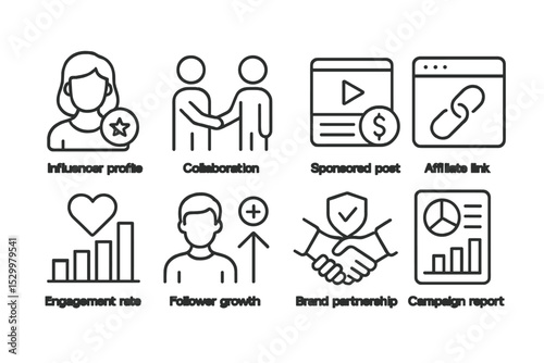 Influencer Marketing Icons. Line style icons for influencer marketing: influencer profile, collaboration, sponsored post,