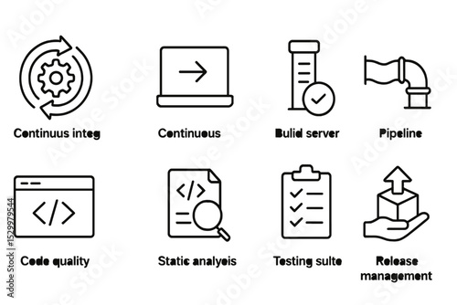 Developer Tools Icons. Line style icons for developers: continuous integration, continuous deployment, build server, pipeline,
