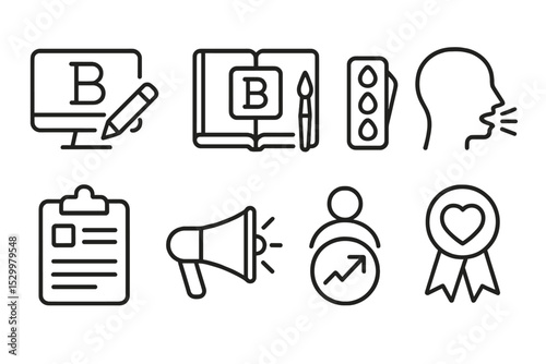Line Style Brand Icons. Line style icons for branding: logo design, brand guideline, color palette, typography, brand voice, style