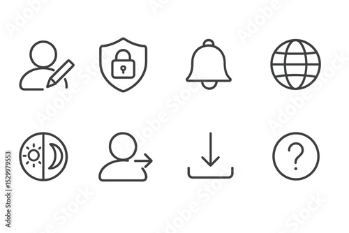 Social Media Line Icons. Line style icons for social media settings: profile edit, privacy controls, notification preferences,