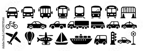 Collection of black and white transportation icons depicting various modes of transport