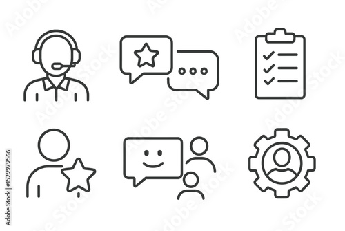 Customer Engagement Icons. Line style icons for customer engagement: customer support, feedback, chat, survey, loyalty program,