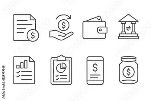 Financial Line Icons. Line style icons for payment and finance: invoice, payment received, wallet, bank transfer, tax documents,
