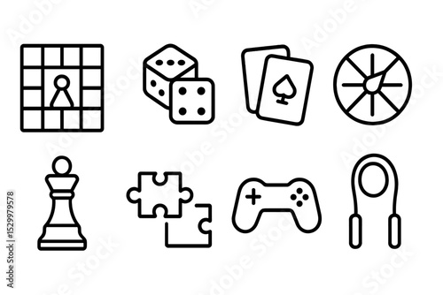 Game Icons Collection. Line style icons for games: board game, dice, playing cards, spinner, chess piece, jigsaw puzzle, video