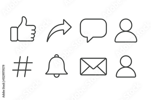 Social Media Icons. Line style icons for social media: like button, share arrow, comment bubble, follower, hashtag, notification
