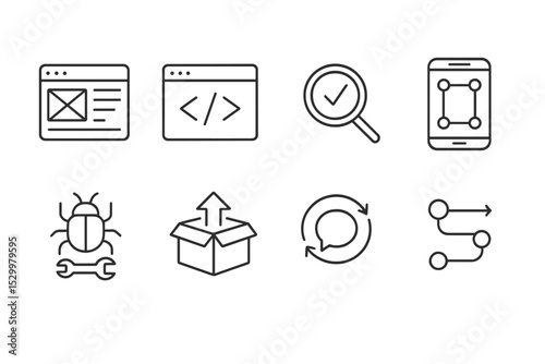 Product Development Icons. Line style icons for product development: wireframe, coding, testing, prototype, bug fix, release,