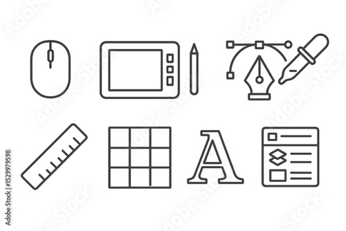 Design Tools Icons. Line style icons for design tools: computer mouse, graphic tablet, vector tool, color picker, ruler, grid