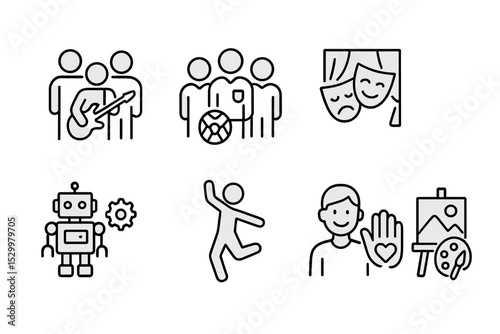 Extracurricular Activity Icons. Line style icons for extracurricular activities: music band, sports team, drama club, debate team,