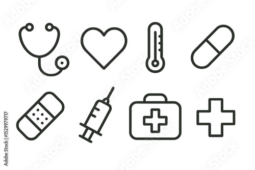 Health Icon Set. Line style icons for general health: stethoscope, heart, thermometer, pill, bandage, syringe, first aid kit,