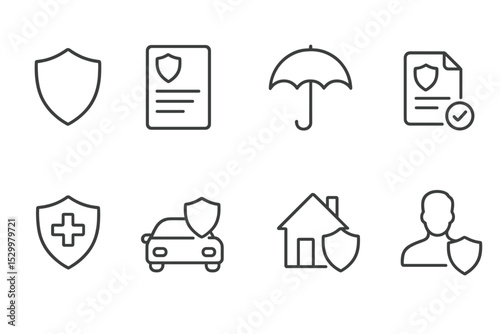 Insurance Line Icons. Line style icons for insurance: shield, policy document, claim form, umbrella, medical insurance, car
