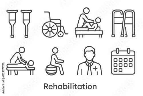 Rehabilitation Line Icons. Line style icons for rehabilitation: crutches, wheelchair, physical therapy, walker, massage, exercise