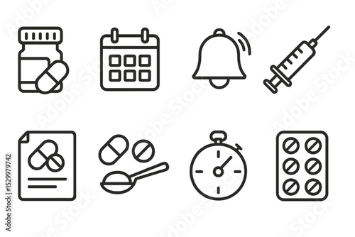 Medication Management Icons. Line style icons for medication management: pill bottle, calendar, reminder bell, syringe,