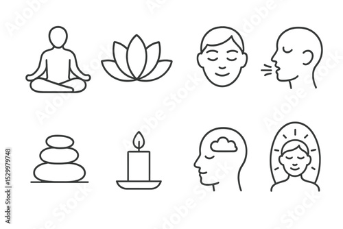 Mindfulness Line Icons. Line style icons for mindfulness: meditation pose, lotus flower, calm face, breathing, zen stones, candle,