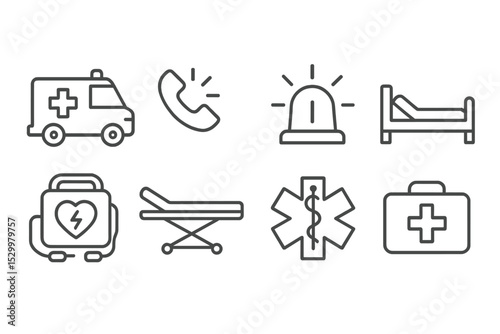 Emergency Icons Collection. Line style icons for emergency: ambulance, emergency phone, siren, hospital bed, defibrillator,