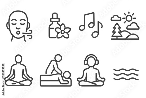 Relaxation Techniques Icons. Line style icons for relaxation techniques: deep breath, aromatherapy, music notes, nature scene,