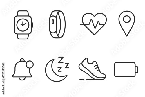 Wearable Tech Icons. Line style icons for wearable tech: smartwatch, fitness band, heart monitor, GPS, notification, sleep tracker