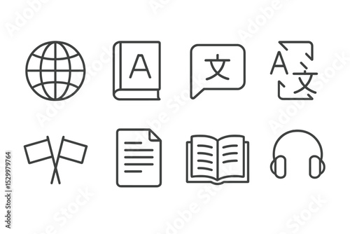 Translation Tools Icons. Line style icons for translation tools: globe, dictionary, speech bubble, translate arrows, language
