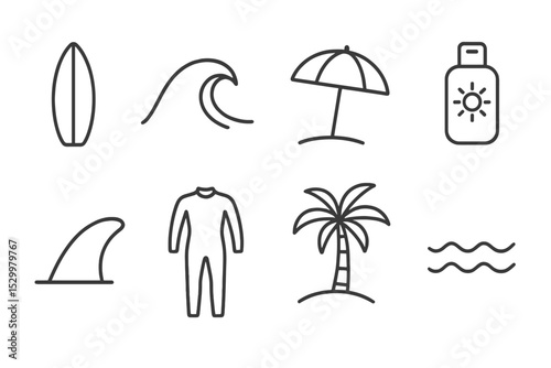 Surfing Line Icons. Line style icons for surfing: surfboard, wave, beach umbrella, sunscreen, fin, wetsuit, palm tree, tide. No