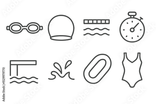 Swimming Gear Icons. Line style icons for swimming: swimming goggles, swim cap, pool lane, stopwatch, diving board, water splash,