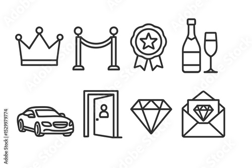 Casino VIP Icons. Line style icons for casino VIP: crown, velvet rope, exclusive badge, champagne, luxury car, private room,